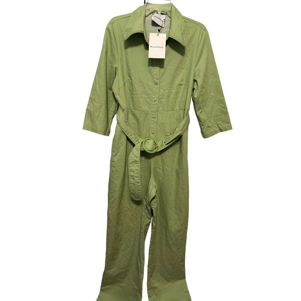 House of Sunny Green Utility Jumpsuit Belted‎ Wide Leg 3/4 Sleeve Grass Green